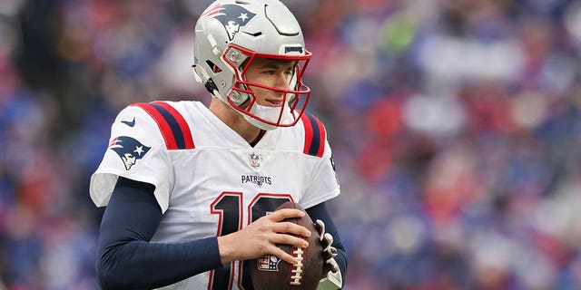 Mac Jones of the New England Patriots warms up before the Buffalo Bills game on Jan. 8, 2023, in Orchard Park, New York.