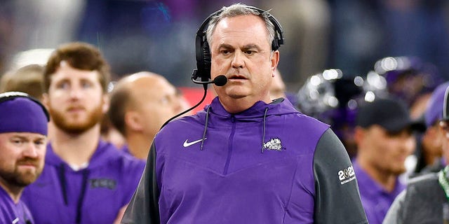 TCU Horned Frogs head coach Sonny Dykes looks on from the sideline during the first quarter against the Georgia Bulldogs in the College Football Playoff National Championship game at SoFi Stadium on Jan. 9, 2023 in Inglewood, California. 