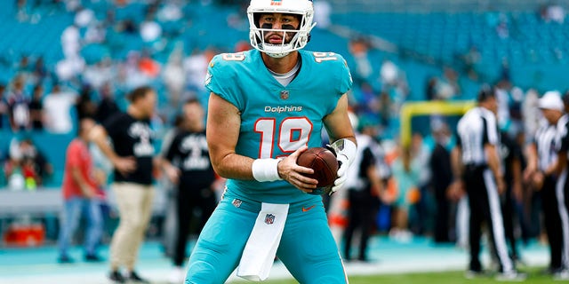 Skylar Thompson of the Dolphins warms up for the New York Jets game on Jan. 8, 2023, in Miami Gardens, Florida.