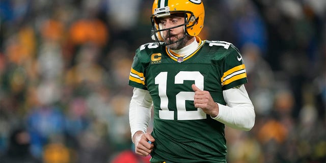 Aaron Rodgers of the Packers warms up before the Detroit Lions game at Lambeau Field on Jan. 8, 2023, in Green Bay, Wisconsin.