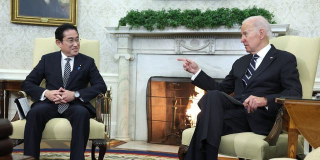 President Biden, right, and Japanese Prime Minister Fumio Kishida meet in the Oval Office at the White House in Washington, D.C., on Friday.