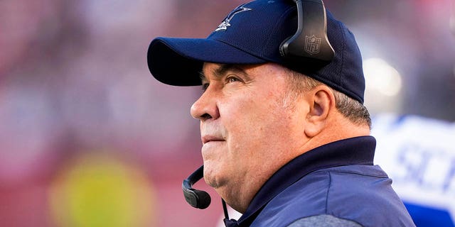 Head coach Mike McCarthy of the Dallas Cowboys looks on against the San Francisco 49ers during the first half in the NFC Divisional Playoff game at Levi's Stadium on January 22, 2023, in Santa Clara, California.