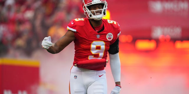 JuJu Smith-Schuster of the Kansas City Chiefs runs onto the field during introductions against the Jacksonville Jaguars at GEHA Field at Arrowhead Stadium Jan. 21, 2023, in Kansas City, Mo. 