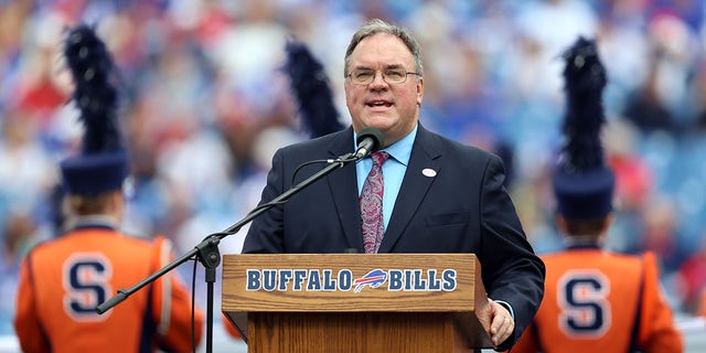 John Murphy, the voice of the Bills, speaks to the crowd before a game between the Buffalo Bills and the Miami Dolphins at Ralph Wilson Stadium Sept. 14, 2014, in Orchard Park, N.Y. 