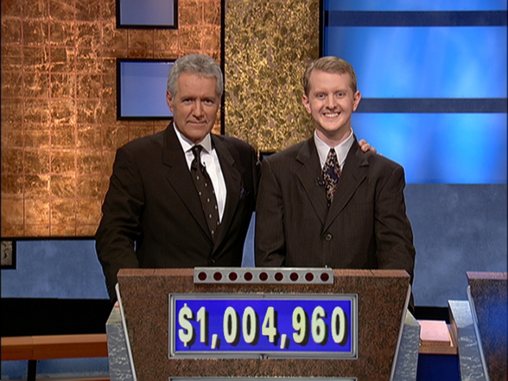 Alex Trebek and Ken Jennings in July 2004.