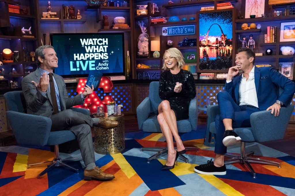 Kelly Ripa and Ryan Seacrest appear on "Watch What Happens Live with Andy Cohen" on Sept. 21, 2017.