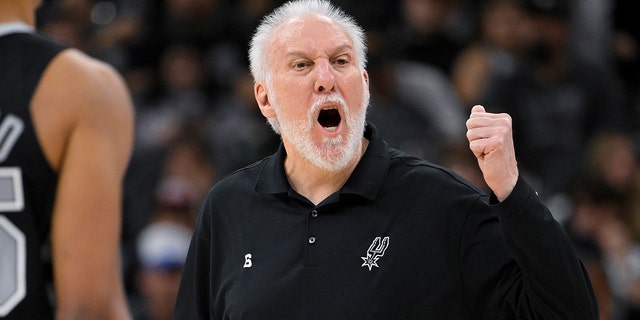 San Antonio Spurs head coach Gregg Popovich yells at an official during the first half of an NBA basketball game against the New York Knicks, Thursday, Dec. 29, 2022, in San Antonio. 