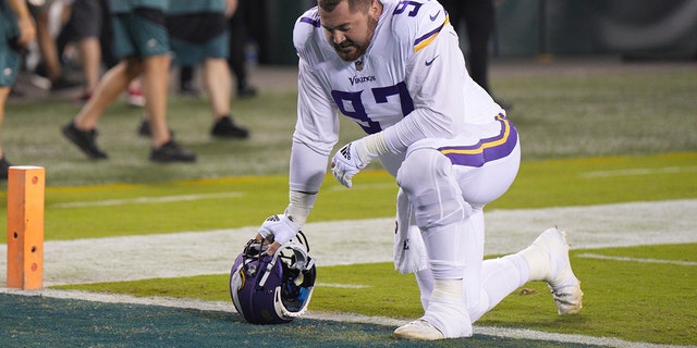 Minnesota Vikings defensive tackle Harrison Phillips, #97, takes a knee during game between the Minnesota Vikings and the Philadelphia Eagles on Sept. 19, 2022 at Lincoln Financial Field in Philadelphia.