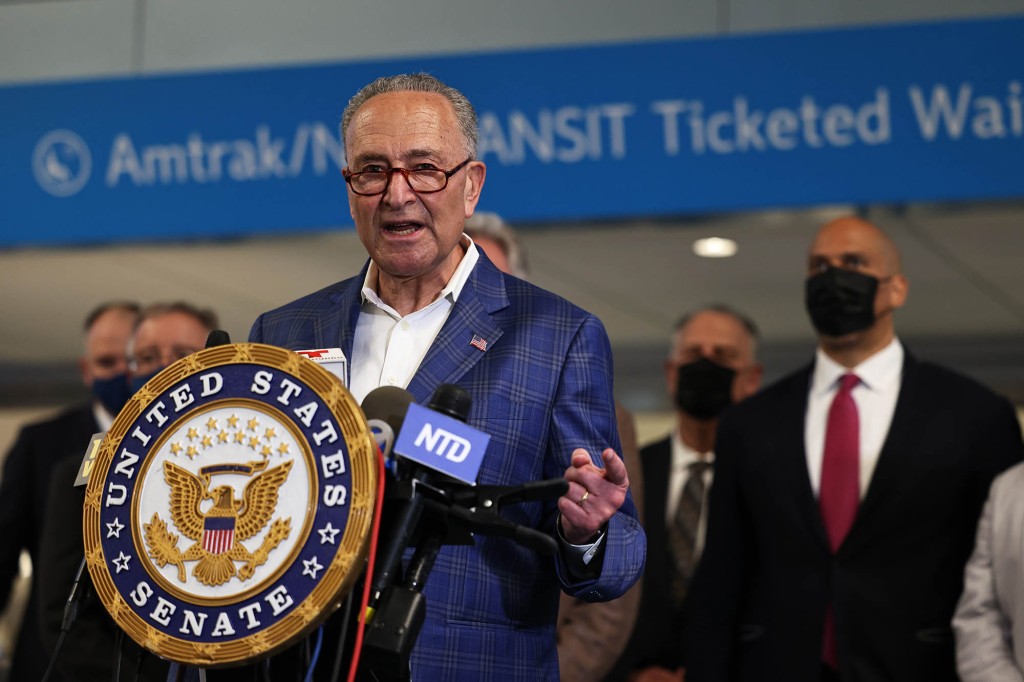 Chuck Schumer speaks during a press conference to announce the "Gateway Turnaround" Hudson Tunnel project at Penn Station on June 28, 2021 in Midtown Manhattan in New York City.