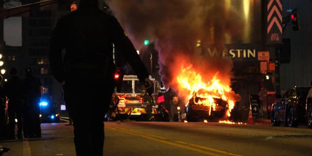 Atlanta police work urgently to clear the streets of protesters on Saturday, January 21.