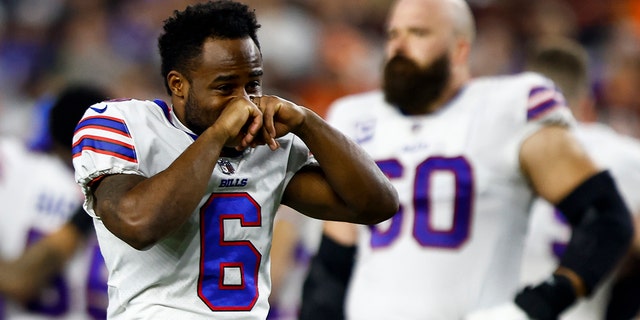 Isaiah McKenzie #6 of the Buffalo Bills reacts to an injury sustained by Damar Hamlin #3 during the first quarter of an NFL football game against the Cincinnati Bengals at Paycor Stadium on January 2, 2023 in Cincinnati, Ohio.