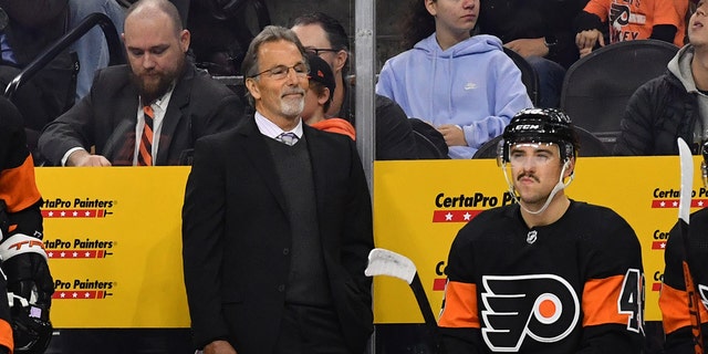 Nov 13, 2022; Philadelphia, Pennsylvania, USA; Philadelphia Flyers head coach John Tortorella looks on during a game against the Dallas Stars at Wells Fargo Center. 