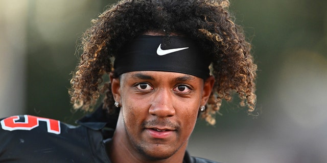 Pittsburg quarterback Jaden Rashada, #5, warms up before the start of their game against McClymonds at Pittsburg High School in Pittsburg, California, on Sept. 30, 2022.