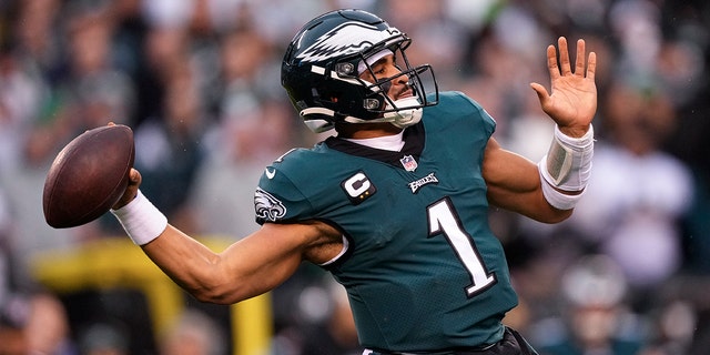 Philadelphia Eagles quarterback Jalen Hurts passes during the first half of the NFC Championship Game against the San Francisco 49ers, Jan. 29, 2023, in Philadelphia.