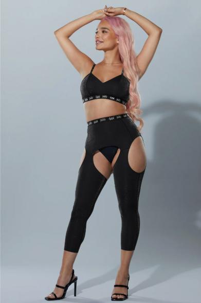 "Made famous by Lizzo, this statement legging has a chap-style silhouette," reads the product's description on Fabletics. "It's made in shimmery-soft lurex and features a breathable mesh interior."