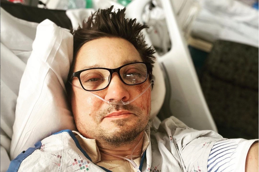 JEREMY RENNER shared a photo of himself on his Instagram account in the hospital since a snow plowing accident near Reno