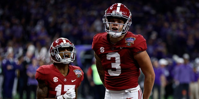 Alabama's Jermaine Burton reacts after a touchdown against Kansas State during the Allstate Sugar Bowl on Dec. 31, 2022, in New Orleans.