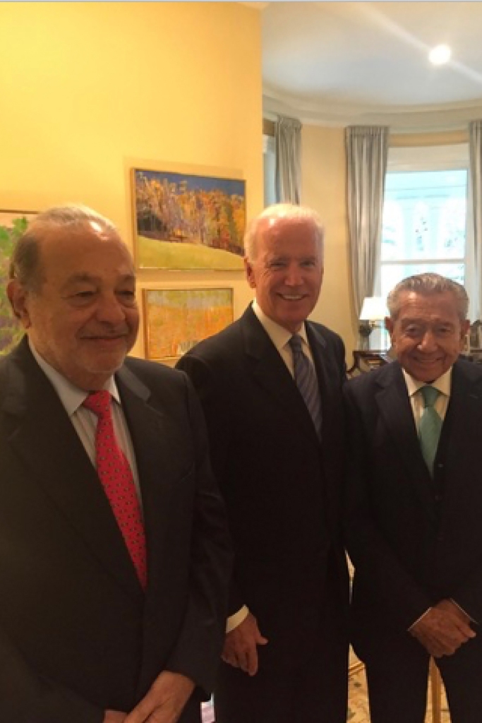 Then-Vice President (center) meets with Mexican billionaires Carlos Slim (left) and Miguel Aleman Velasco (right).