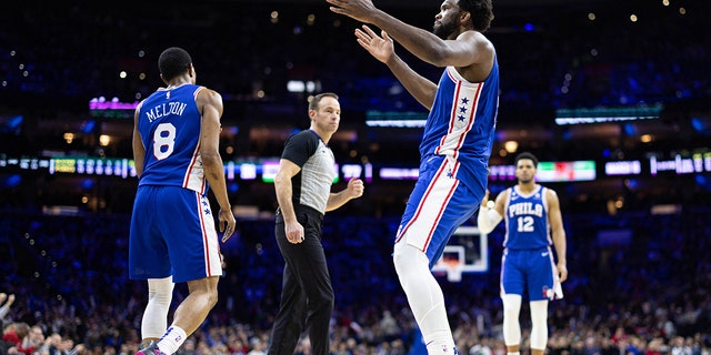 Philadelphia 76ers center Joel Embiid (21) reacts after scoring during the third quarter against the Brooklyn Nets at Wells Fargo Center in Philadelphia Jan 25, 2023.