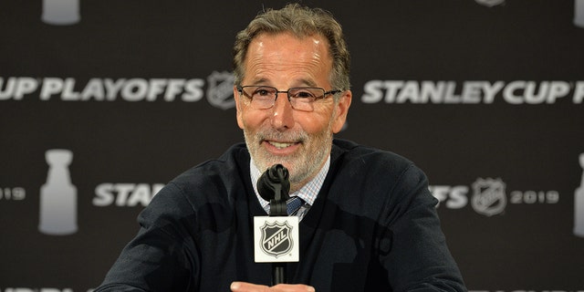 Head coach John Tortorella of the Columbus Blue Jackets talks to the media following Game 4 of the Eastern Conference first-round playoff series on April 16, 2019, at Nationwide Arena in Columbus, Ohio.