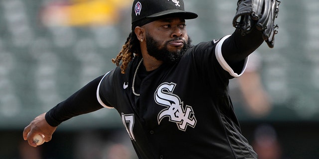 Johnny Cueto, #47 of the Chicago White Sox, pitches against the Oakland Athletics in the bottom of the first inning at RingCentral Coliseum on Sept. 11, 2022 in Oakland, California.