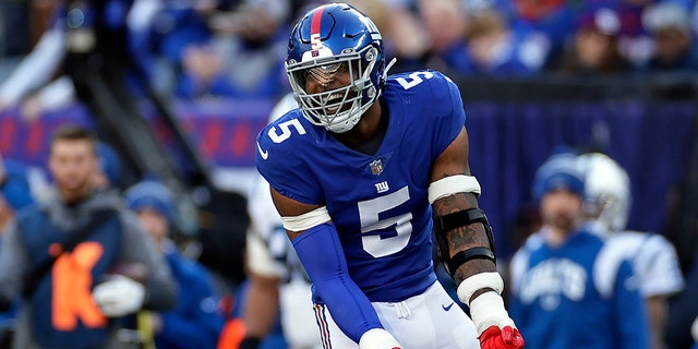 New York Giants defensive end Kayvon Thibodeaux (5) reacts during an NFL football game against the Indianapolis Colts, Sunday, Jan. 1, 2023, in East Rutherford, N.J. 