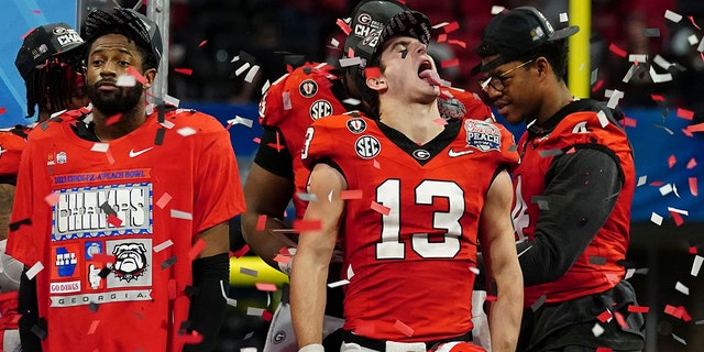 Georgia quarterback Stetson Bennett celebrates after the Peach Bowl NCAA college football semifinal playoff game between Georgia and Ohio State, Sunday, Jan. 1, 2023, in Atlanta. 