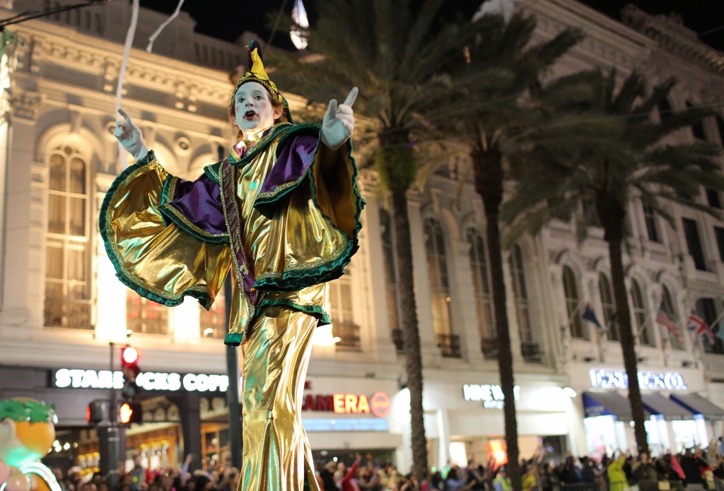 Mardi Gras reveler on stilts