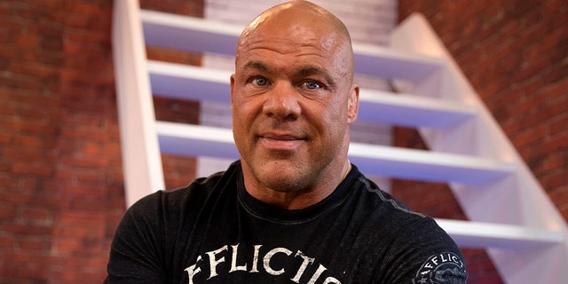 Professional wrestler and actor Kurt Angle poses on Nov. 4, 2017, as he attends the 2017 Paris Games Week, at the Porte de Versailles exhibition center in Paris. 