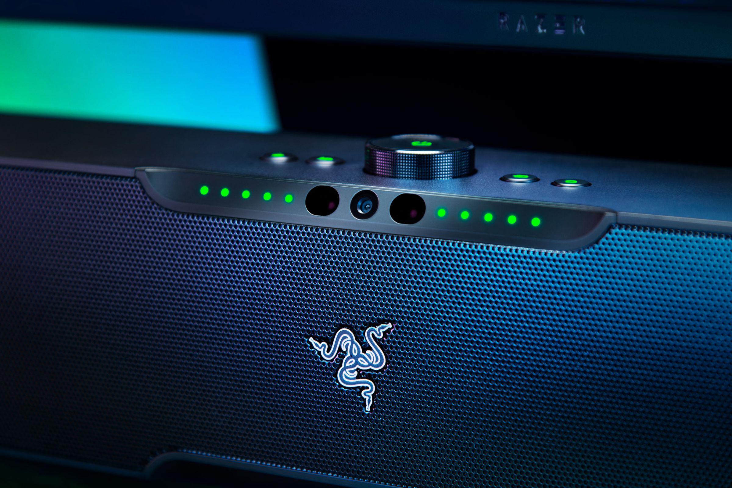 A close up shot of the Razer Leviathan V2 Pro displaying its controls and IR camera.