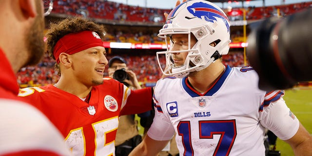 Patrick Mahomes, #15 of the Kansas City Chiefs, shakes hands with Josh Allen, #17 of the Buffalo Bills, after the game at Arrowhead Stadium on Oct. 16, 2022 in Kansas City, Missouri. Buffalo defeated Kansas City 24-20.