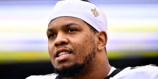 New Orleans Saints defensive end Marcus Davenport before the Eagles game on Nov. 21, 2021, at Lincoln Financial Field in Philadelphia.