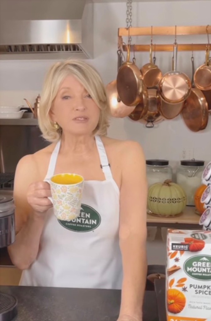 Stewart got saucy with her photos again in 2022 when she posted a bare-shoulders video of her in nothing but an apron and drinking a coffee. 