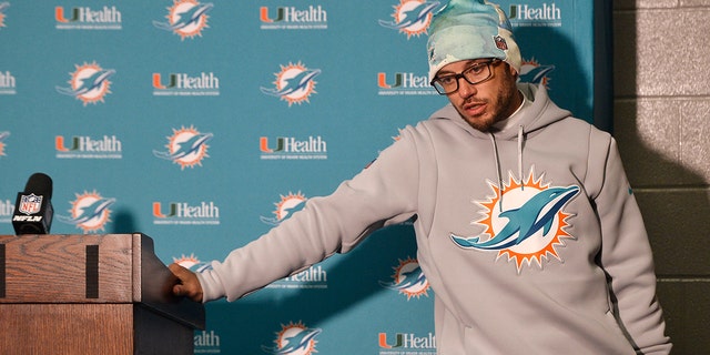 Miami Dolphins head coach Mike McDaniel talks to reporters after an NFL wild-card playoff football game against the Buffalo Bills, Sunday, Jan. 15, 2023, in Orchard Park, N.Y. 