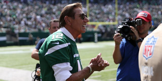 Joe Namath on the field during the first quarter of a game between the New York Jets and the Buffalo Bills at MetLife Stadium Sept. 8, 2019, in East Rutherford, N.J. 