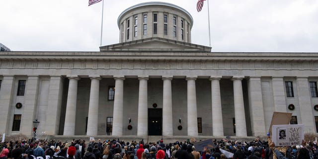 A group of protesters demonstrates outside the Ohio State House in Columbus.