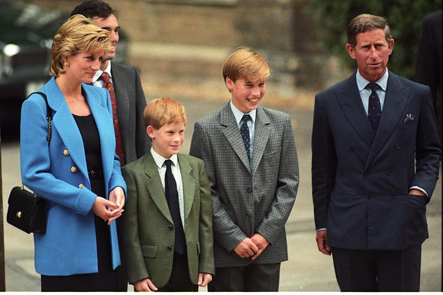 Princess Diana, Prince Harry, Prince William, Prince Charles at Prince William's first day at Eton.