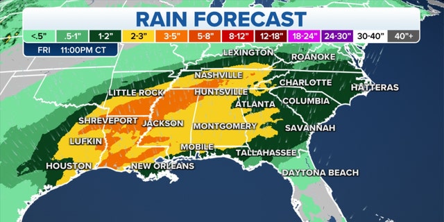 Rain forecast in the Southeast through Friday night