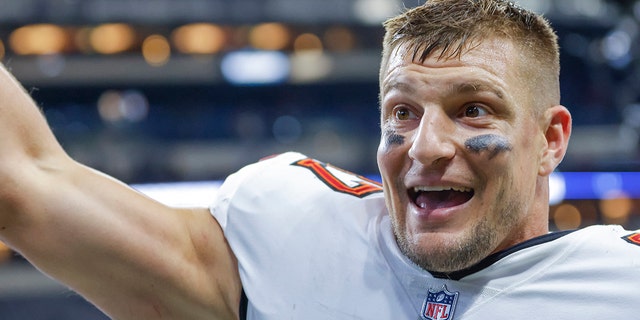 Rob Gronkowski #87 of the Tampa Bay Buccaneers is seen following the game against the Indianapolis Colts at Lucas Oil Stadium on Nov. 28, 2021 in Indianapolis, Indiana.