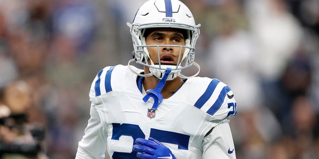 Safety Rodney Thomas II, #25 of the Indianapolis Colts, warms up before a game against the Las Vegas Raiders at Allegiant Stadium on Nov. 13, 2022 in Las Vegas.