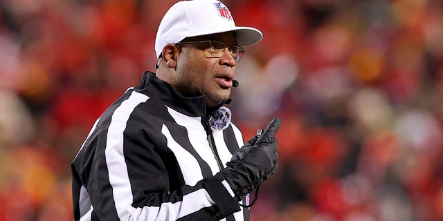 Referee Ronald Torbert reacts during the AFC Championship Game at GEHA Field at Arrowhead Stadium on Jan. 29, 2023, in Kansas City, Missouri.