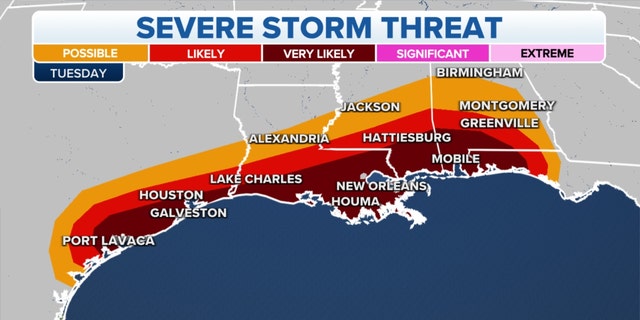 The threat of severe storms on Tuesday in the Southeast