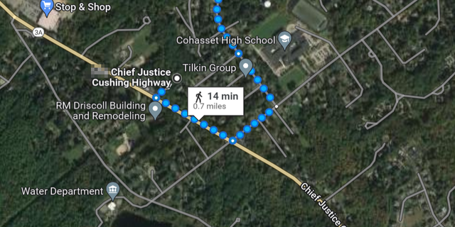 This aerial Google Maps image shows the distance between Ana and Brian Walshe's home and Reservoir Road, where her cellphone pinged in the early morning hours of Jan. 2, 2023. 