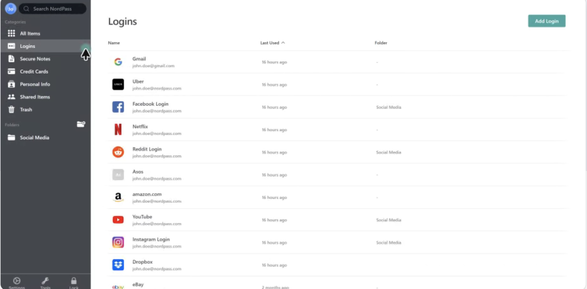 NordPass screenshot showing a list of logins and a menu column on the side.