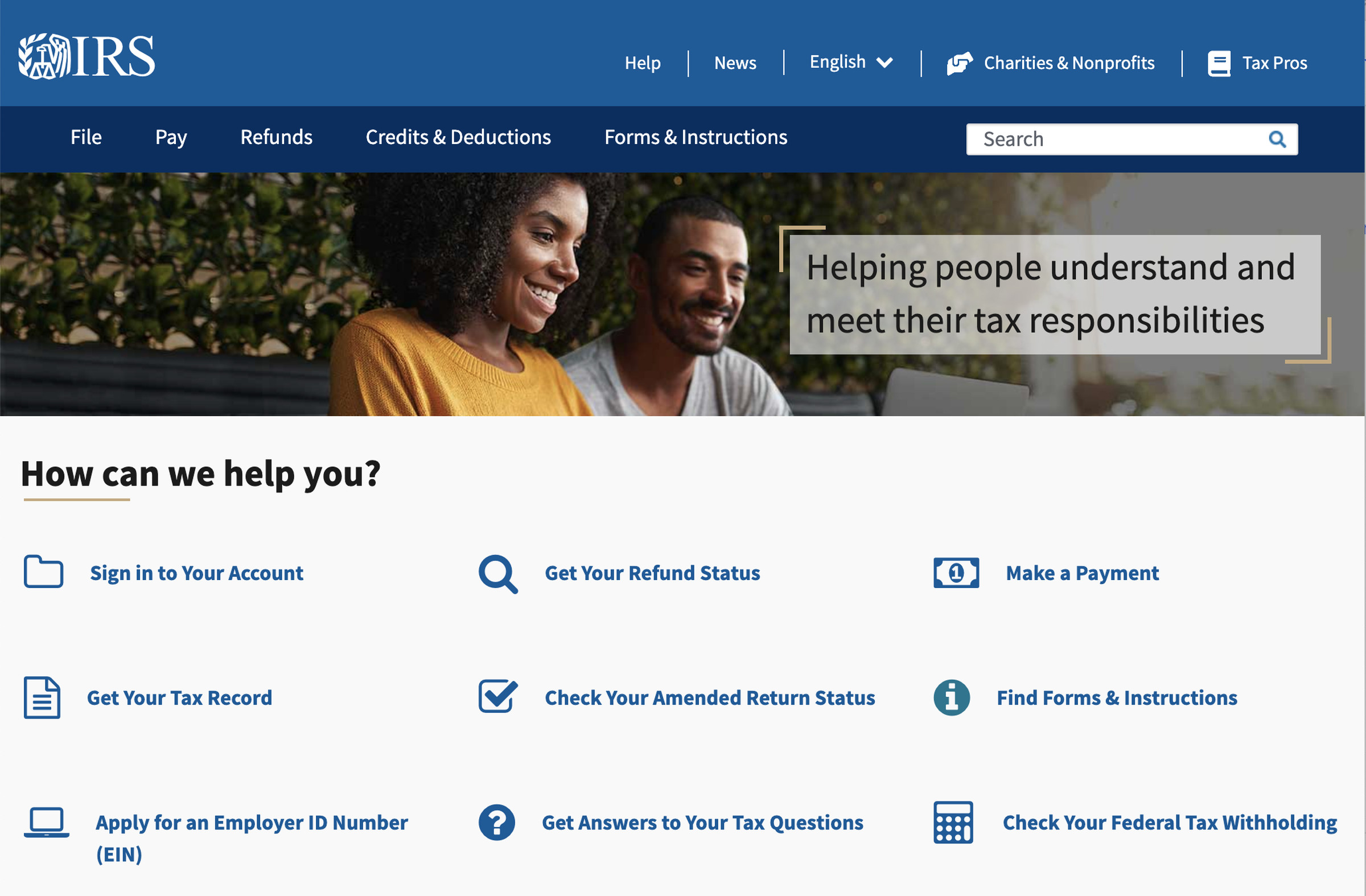 IRS website with smiling couple on top looking at tag “helping people understand and meet their tax responsibilities,” above a section labeled “how can we help you?” with nine links to different sections.