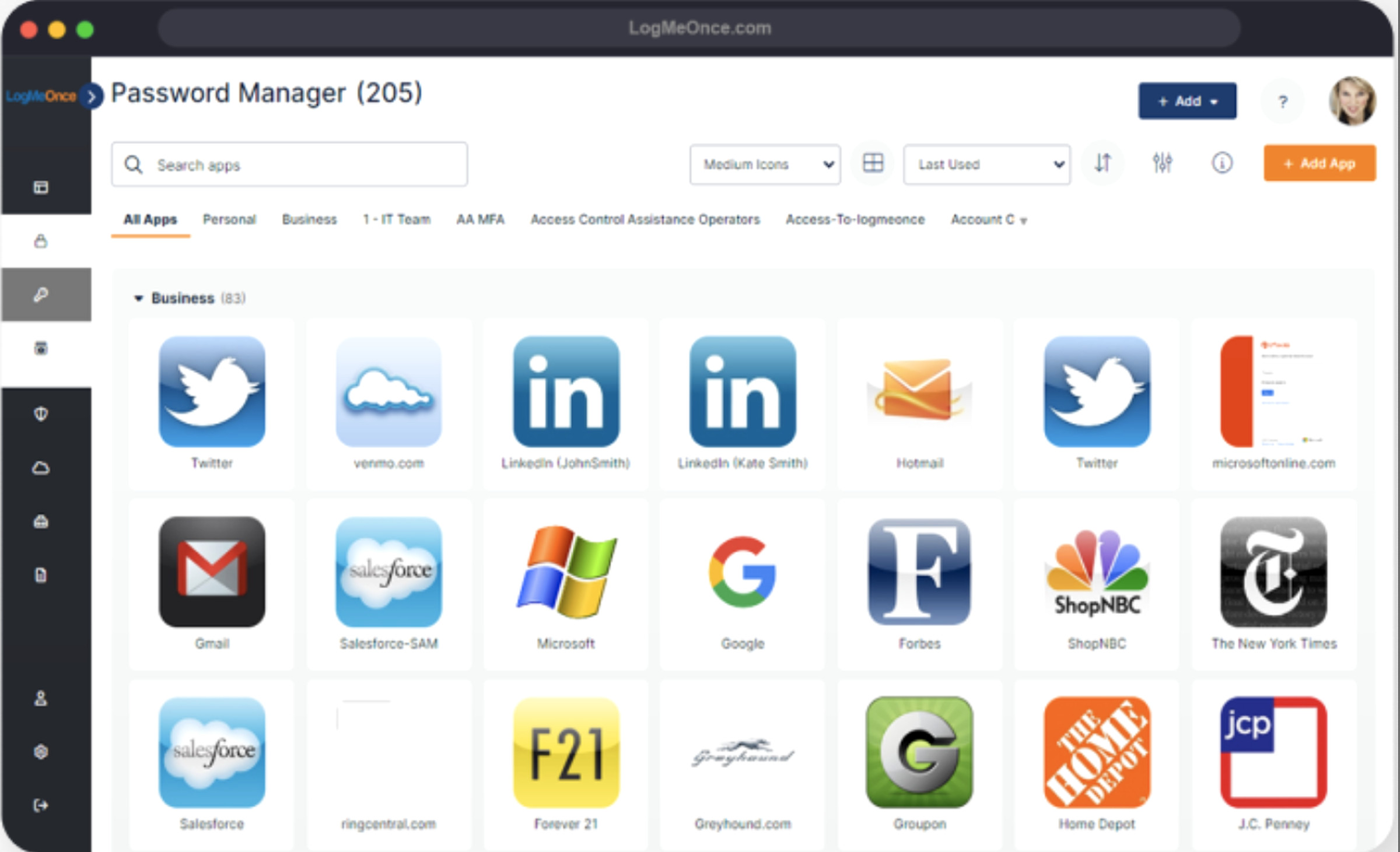 Front page of LogMeOnce password manager, with the logos of a variety of apps.