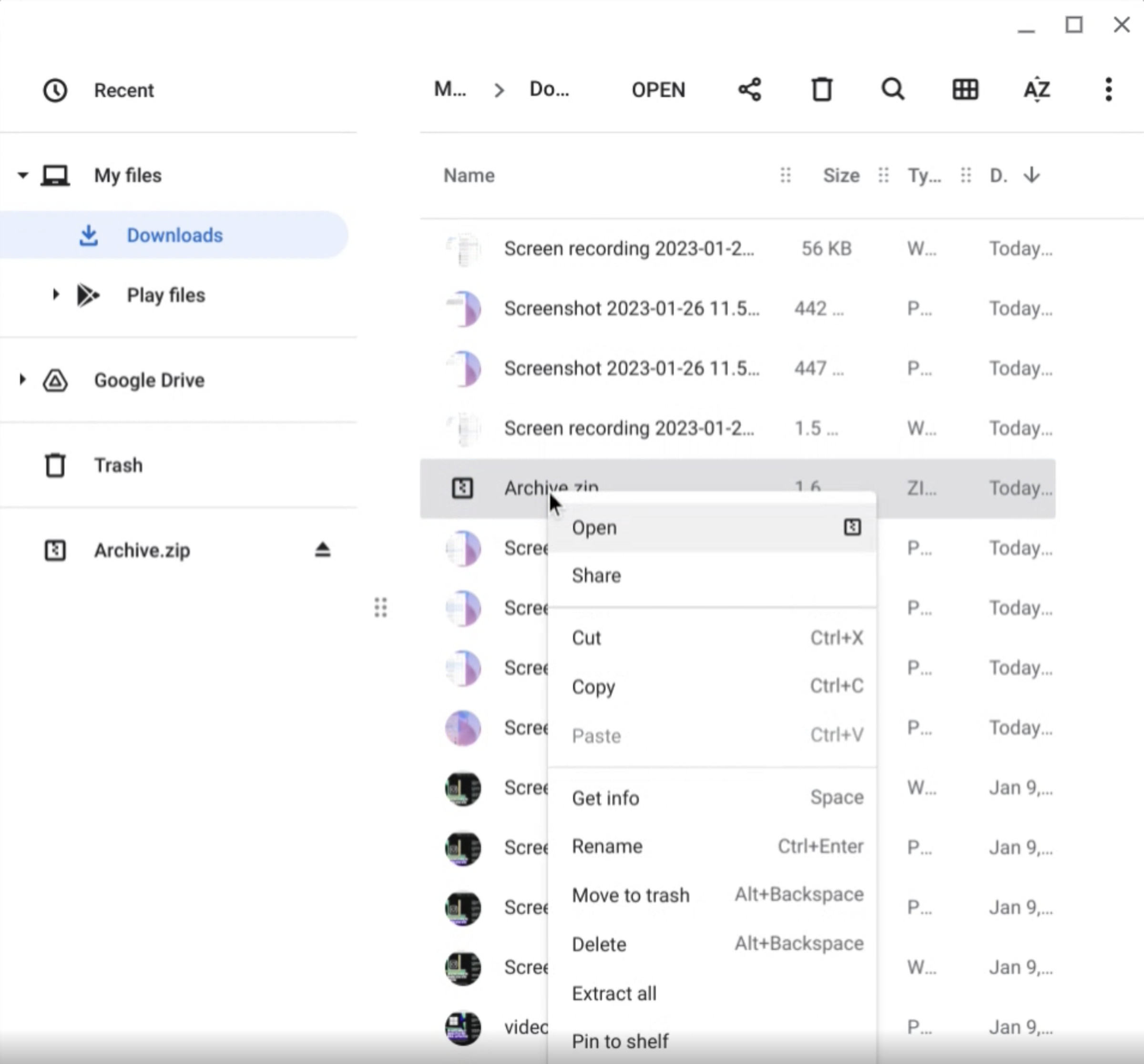 Files from a Chromebook screen with Archive.zip highlighted, and a drop-down menu with various options.