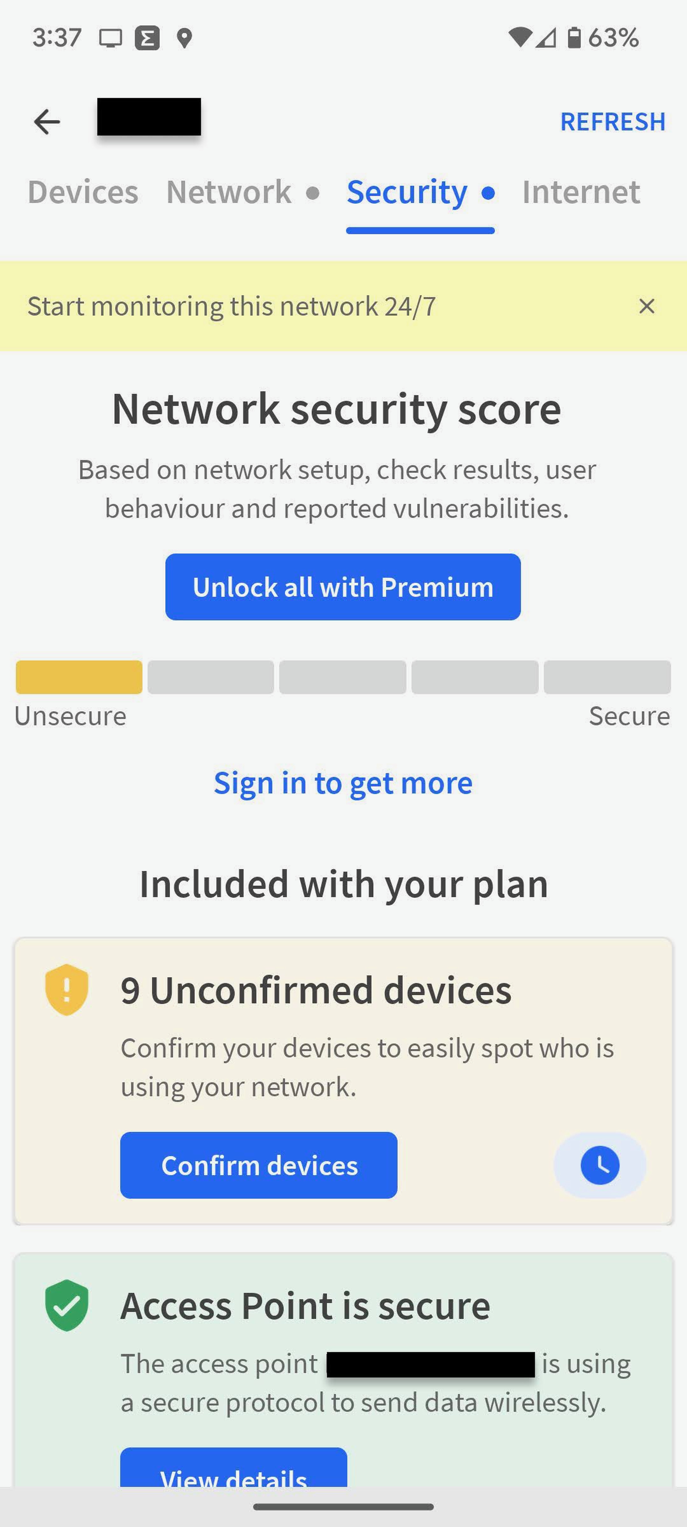 Mobile screenshot from Fing offering to find Network Security Score and finding nine unconfirmed devices on the network.