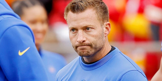 Head coach Sean McVay of the Los Angeles Rams reacts before a game against the Kansas City Chiefs at Arrowhead Stadium Nov. 27, 2022, in Kansas City, Mo. 