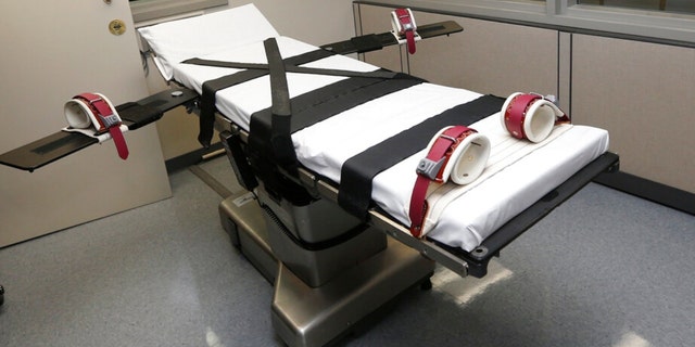 A gurney is shown in the execution chamber at Oklahoma State Penitentiary in McAlester, Oklahoma.